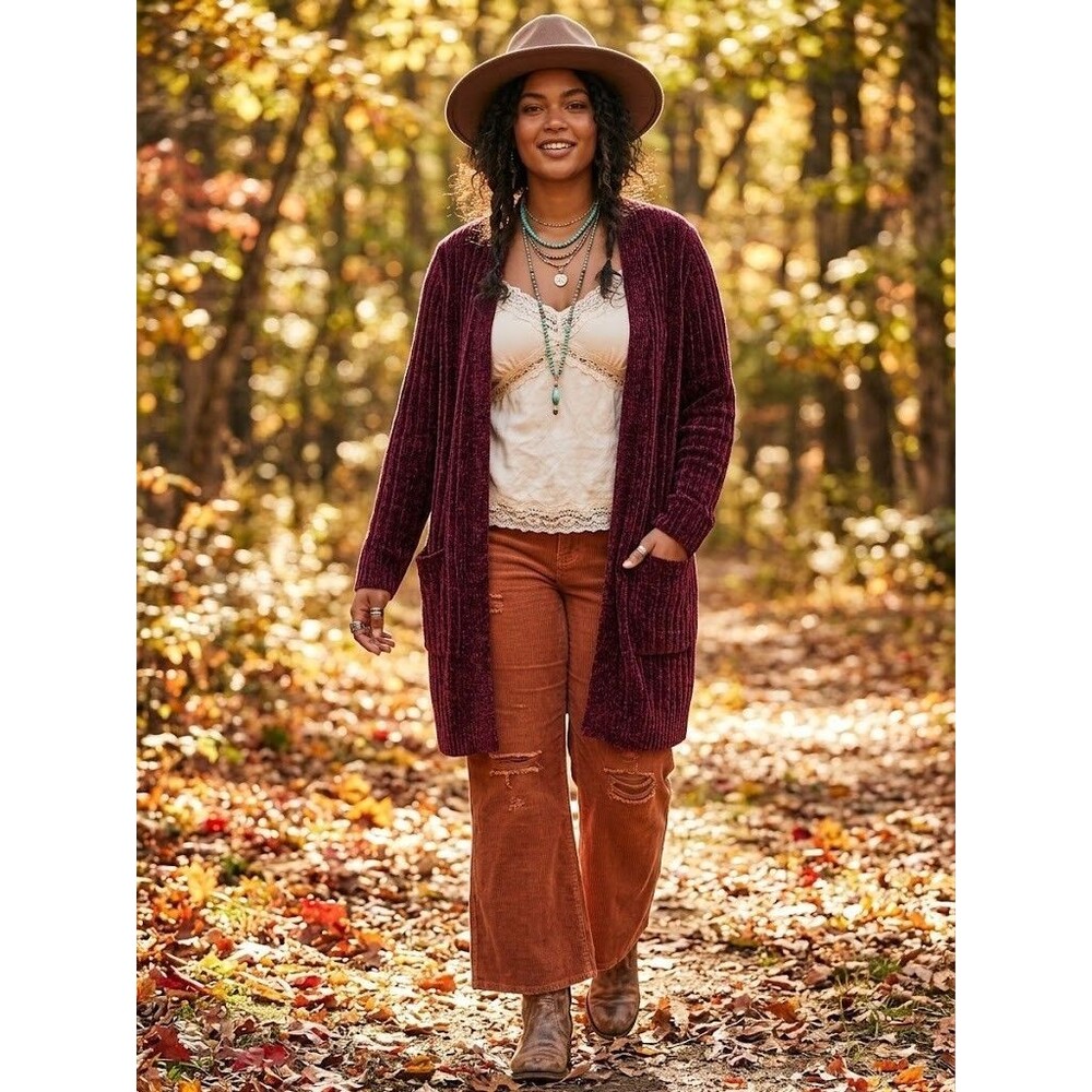 Matty M Chenille Velvet Long Cardigan Sweater Burgundy Size XL Open Front Boho